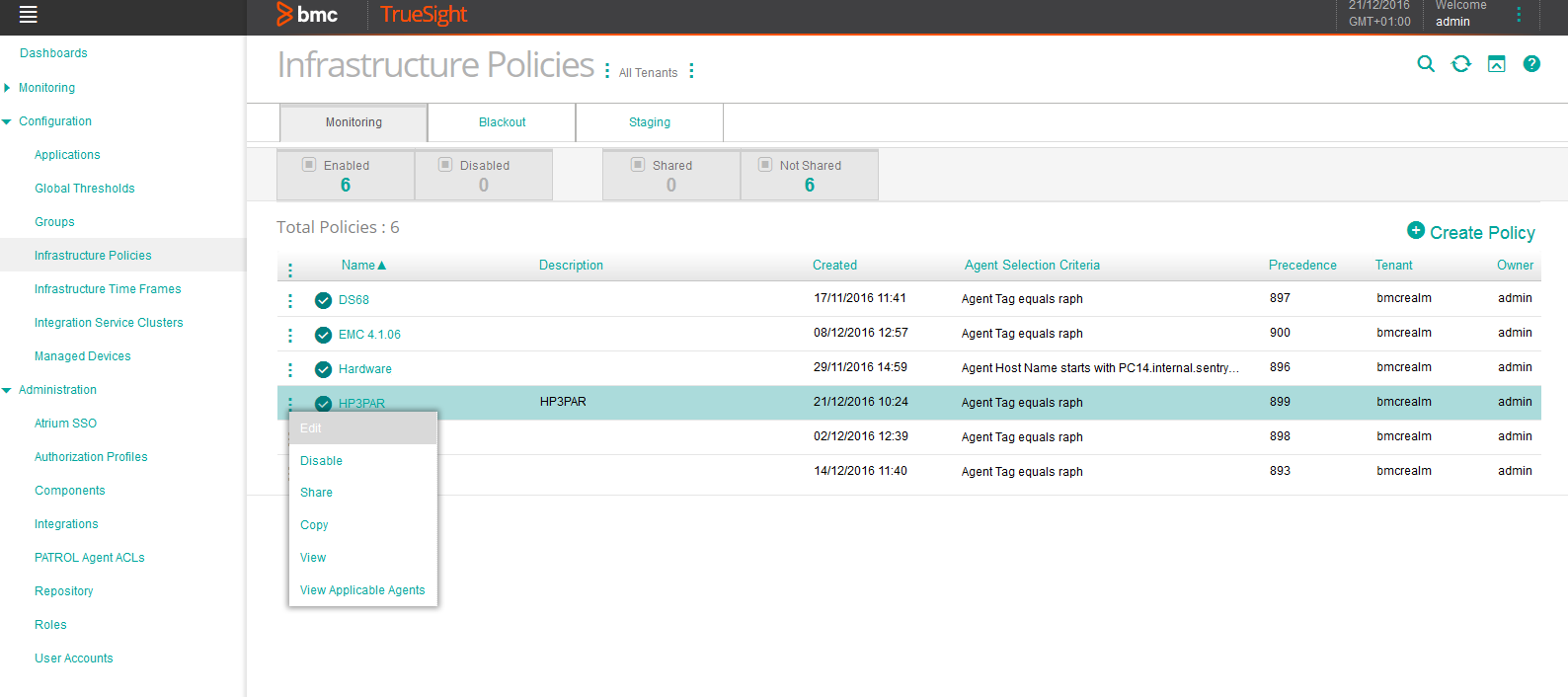 Editing the HP3PAR Infrastructure Policy